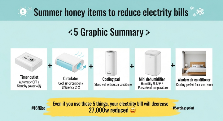 하절기 전기세 절감을 위해서 사용을 추천하고자 한 제품들 사진을 가로 방향으로 정리해서 보여주고 있습니다.