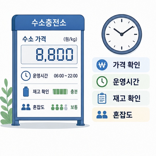 수소 판매가격과 운영시간, 재고 상태, 혼잡도를 충전 전에 확인하는 모습을 보여주는 그림