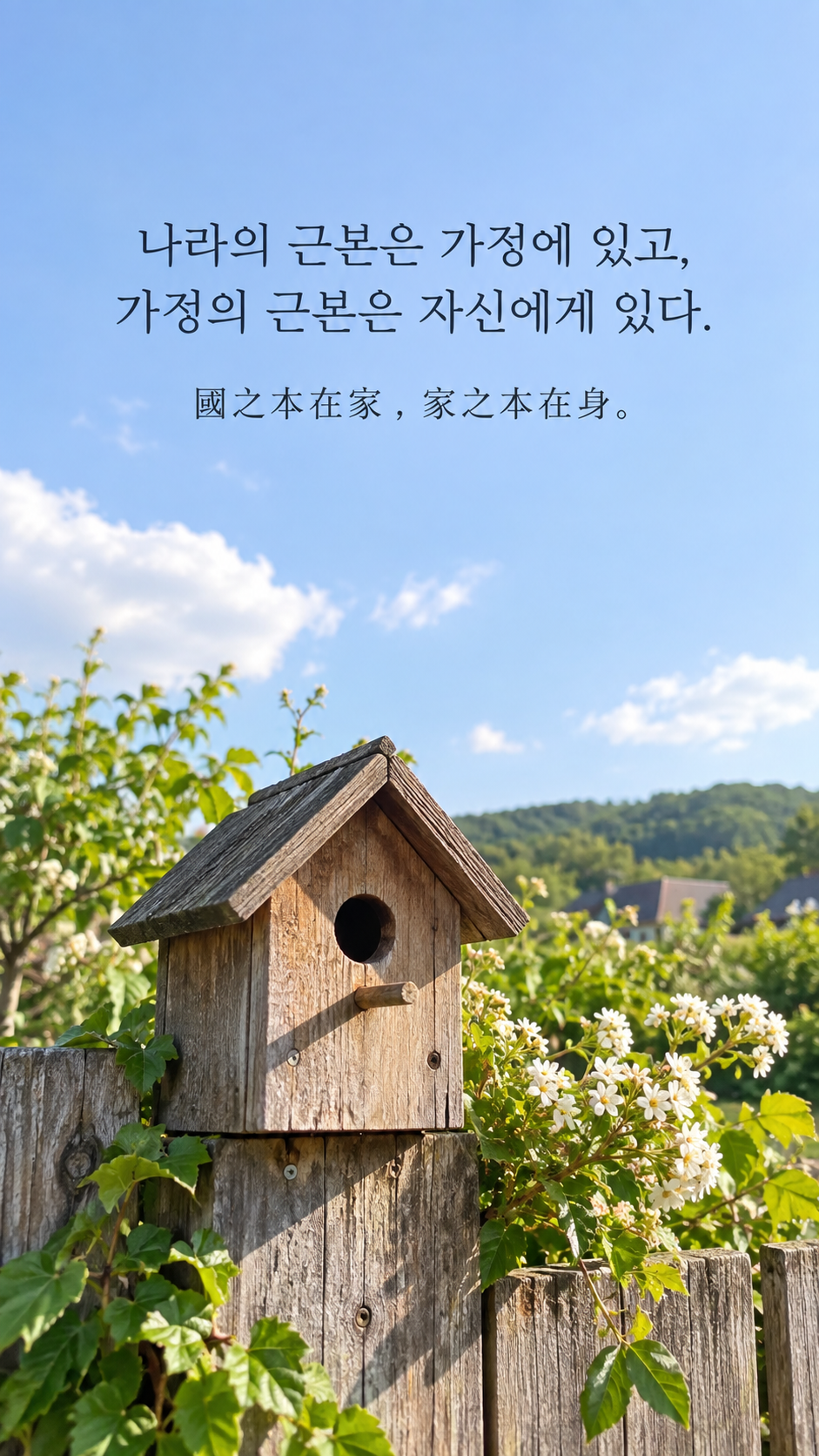 가족 명언 9 맹자 나라의 근본은 가정에 있고, 가정의 근본은 자신에게 있다. &mdash; 오래된 울타리에 단단히 고정된 작은 목제 새집