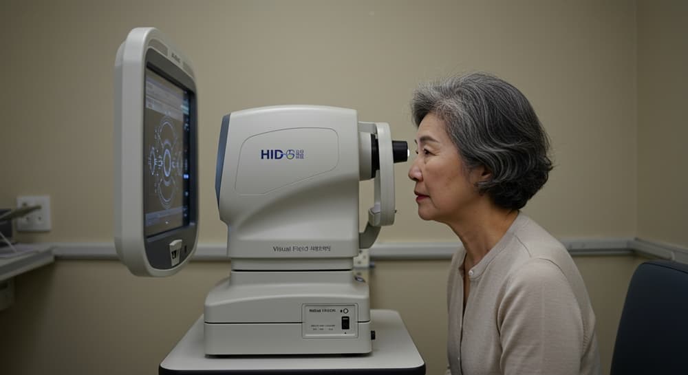 병원에서 시야검사를 받는 중년 한국인