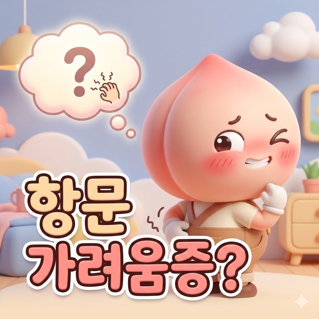 항문이 가려워서 난처해하는 귀여운 복숭아 캐릭터, '항문 가려움증?' 문구