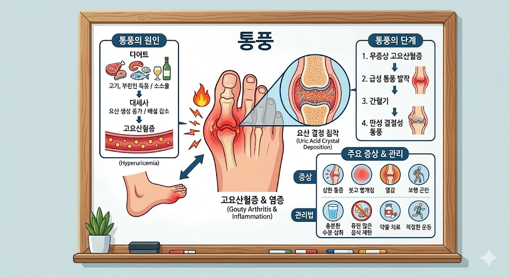 통풍의 원인 요산이 관절에 쌓이는 과정과 증상에 관한 그림