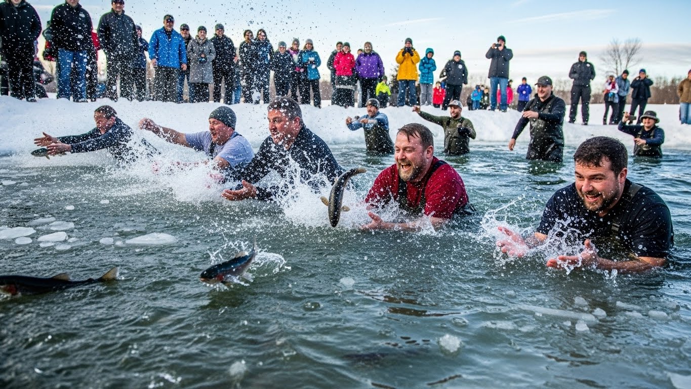차가운 물속에서 맨손으로 송어를 잡기 위해 집중하는 사람들의 역동적인 모습.