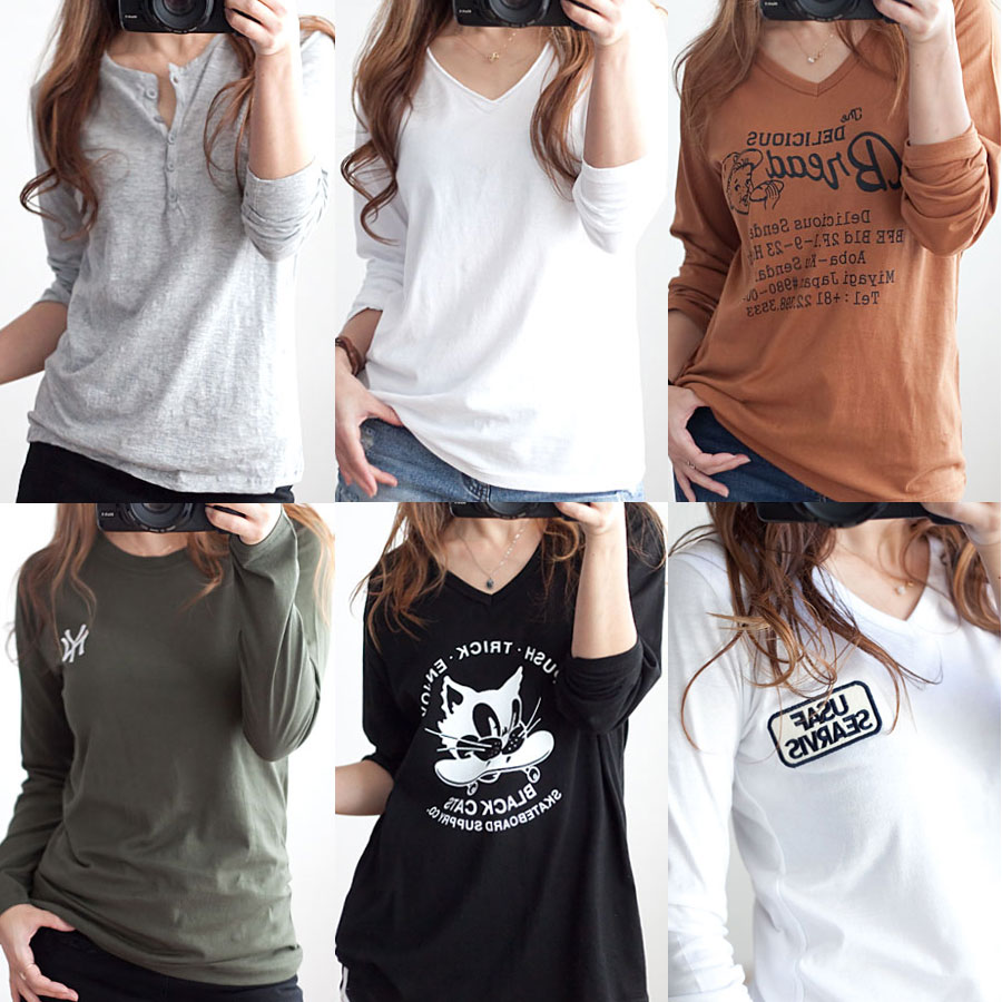 여자 말린 워싱 흰색 무지 기본 면티 여성 흰티 긴팔 브이넥 티셔츠