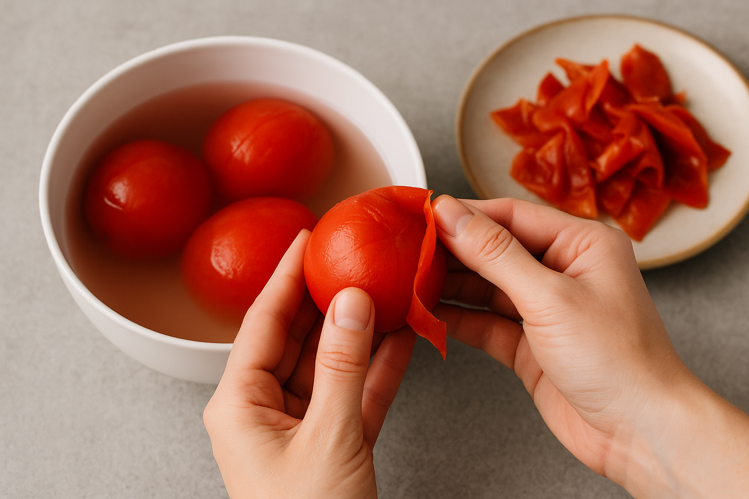 토마토 를 삶아 껍질을 벗기는 사진