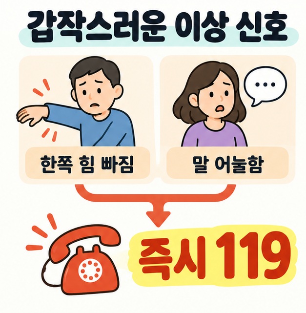 한쪽 팔에 힘이 빠진 사람과 말하기 어려운 사람의 그림에서 화살표가 전화기로 이어지며 즉시 119를 안내하는 도식