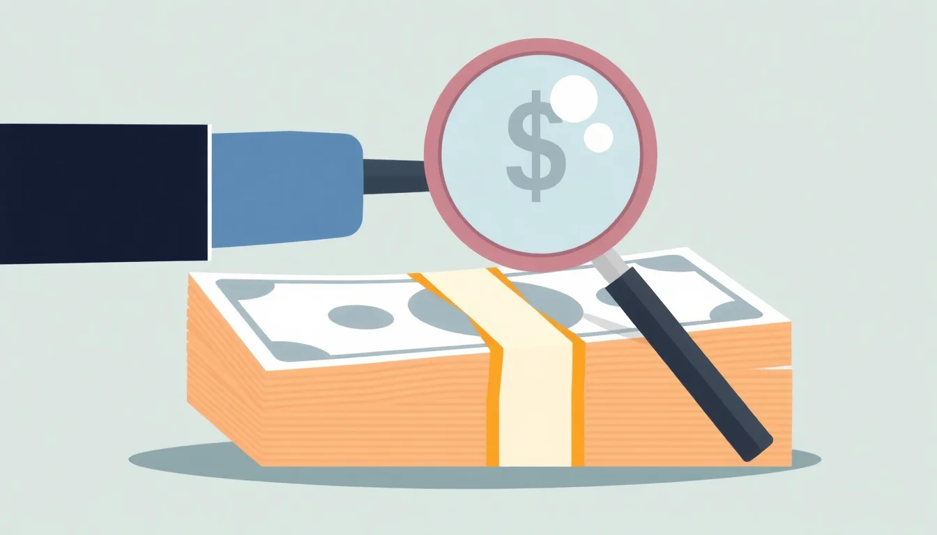 돋보기로 달러 지폐 더미를 확대하는 모습
