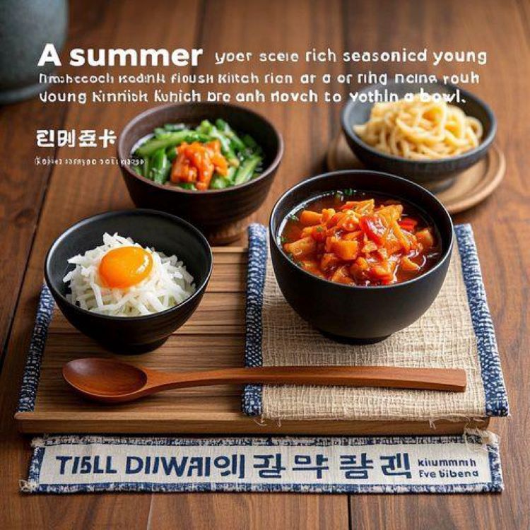 진한 양념의 열무김치와 국물이 넉넉한 열무물김치가 각각 그릇에 담겨 있고, 비빔밥·국수 등과 함께 차려진 여름 식탁 풍경