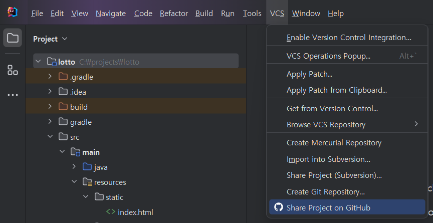 intelliJ Share Project on GitHub