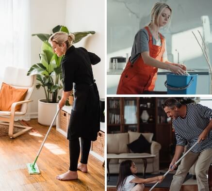 여성이 거실 바닥을 청소하고, 다른 장면에서는 주방에서 물을 준비하거나 가족이 함께 거실을 정리하는 모습 등 다양한 일상 청소 장면