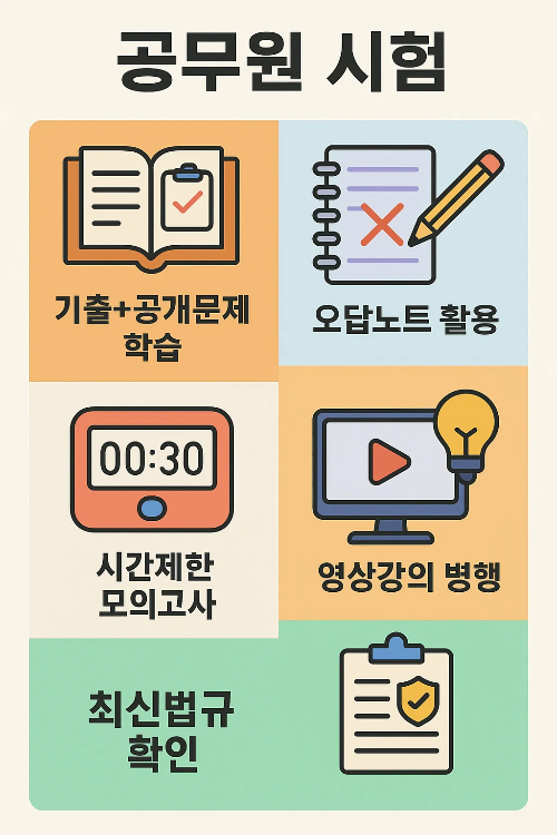 운전면허 필기시험 기출문제 학습, 오답노트 활용, 모의고사, 영상강의, 최신 법규 확인 등 합격에 필요한 공부전략을 담은 인포그래픽