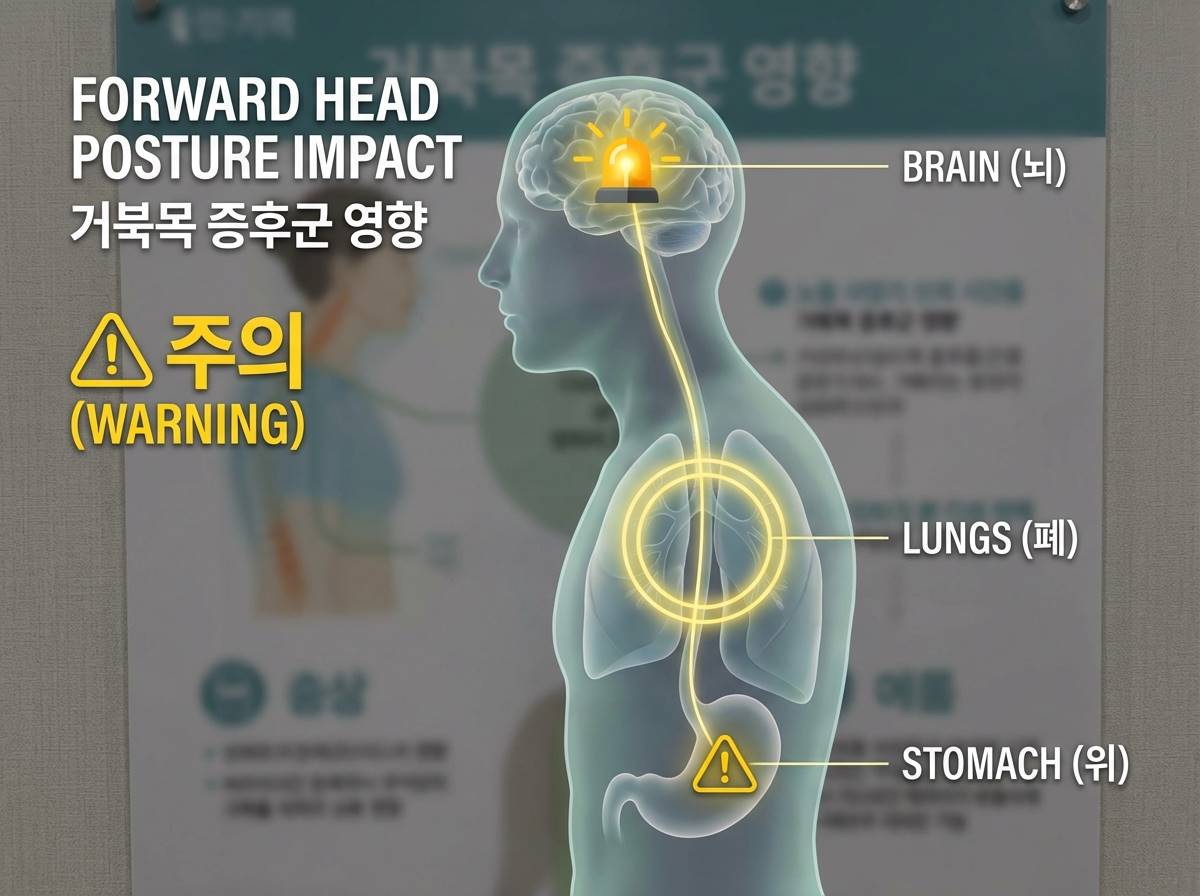 거북목이 전신 건강에 미치는 영향을 보여주는 인체 다이어그램, 폐, 위장, 뇌 부위의 연결성을 강조, 경고를 의미하는 부드러운 노란색 하이라이트