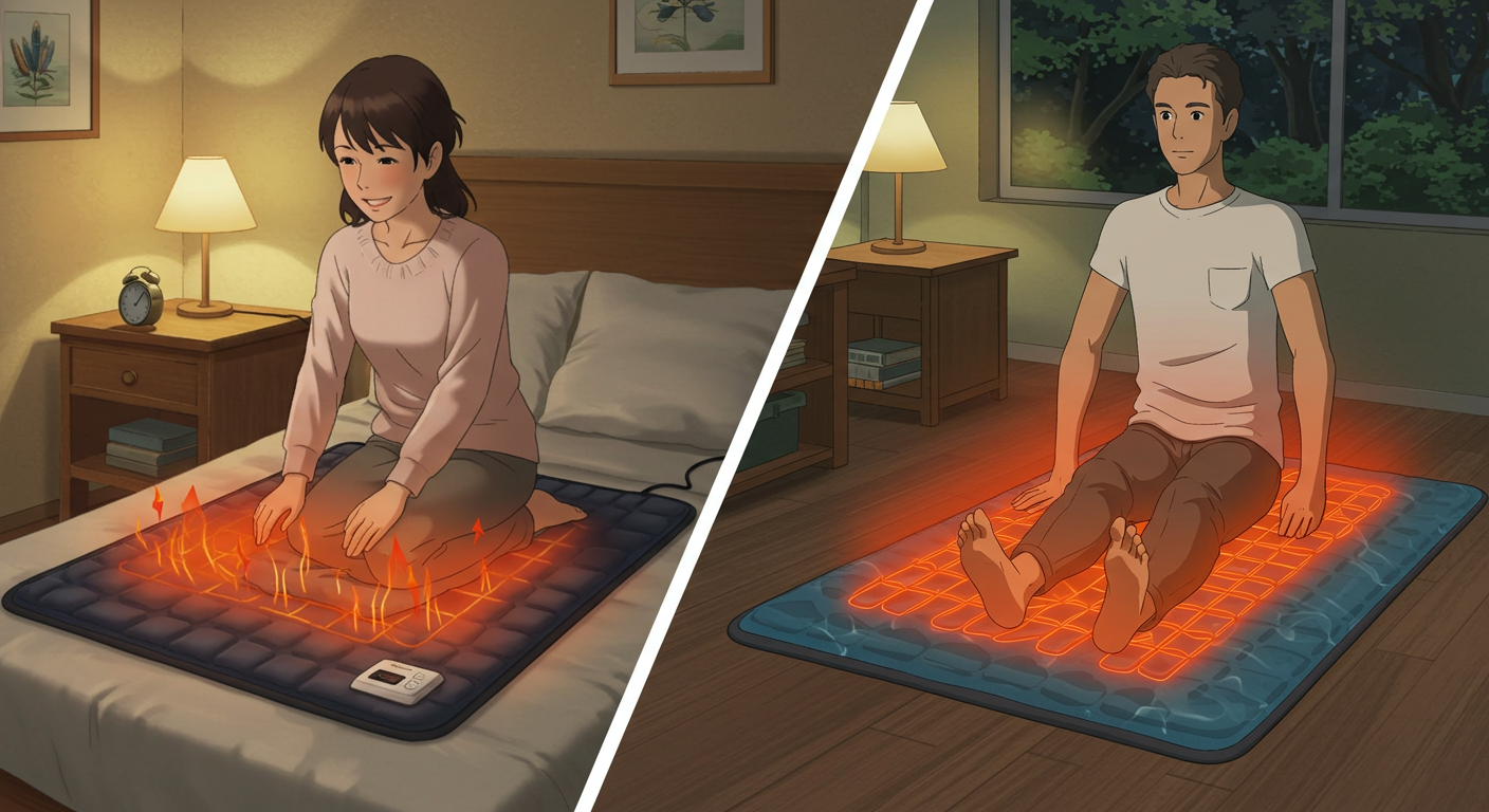 즉각 따뜻해지는 전기장판과 서서히 따뜻해지는 온수매트를 나란히 표현한 장면