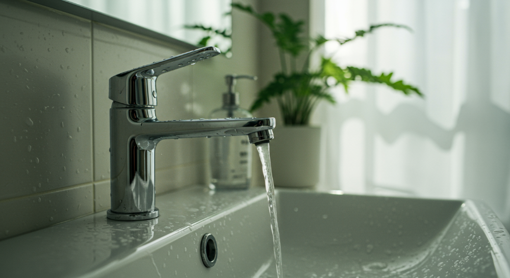 깔끔하고 현대적인 디자인의 욕실, 빛나는 스테인리스 수도꼭지와 흰색 세면대가 위생적이고 상쾌한 느낌을 줍니다.