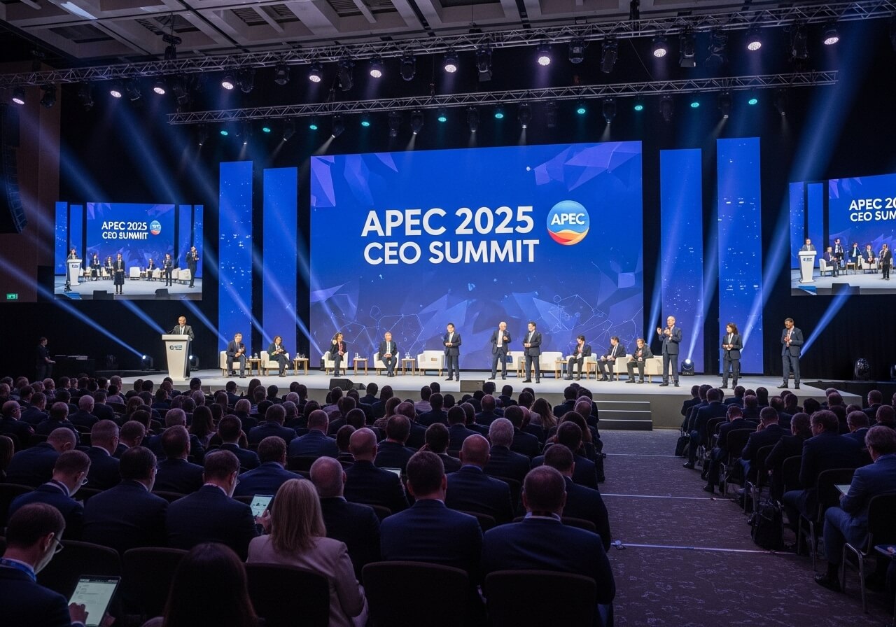 APEC 2025 CEO 서밋 현장을 상징적으로 표현한 AI 재현 이미지. 국제 회의 분위기와 글로벌 리더들의 토론 장면을 시각적으로 묘사한 모습.
