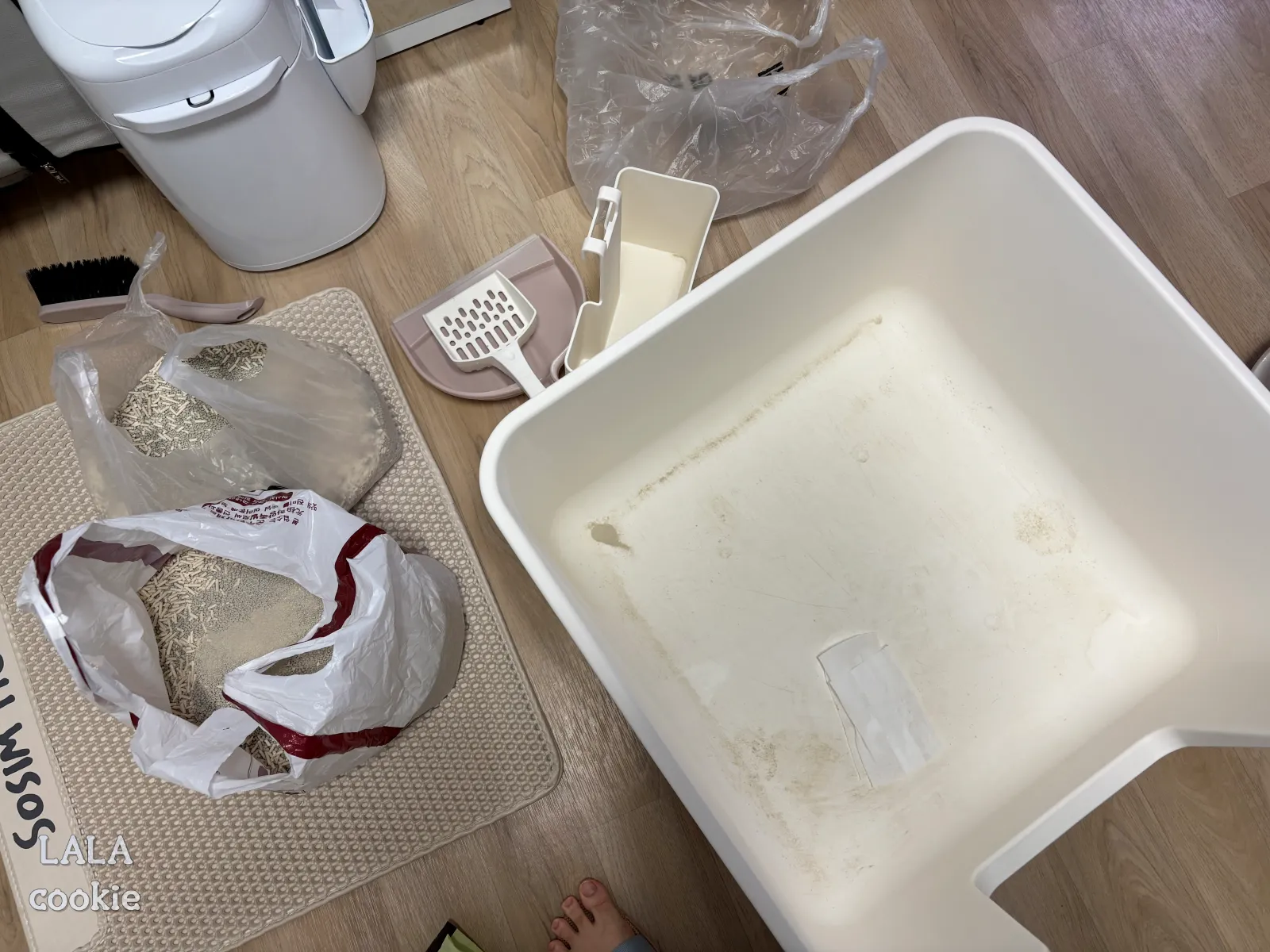 고양이-화장실-청소-물티슈와-화장실-비운-모래