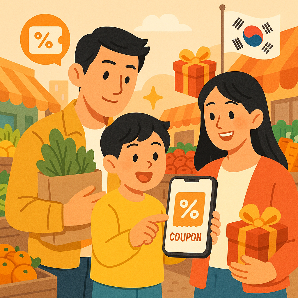 &ldquo;전통시장 배경에서 부모와 아이가 스마트폰으로 소비쿠폰을 사용하는 장면. 주변에는 과일, 채소 가판대와 쿠폰 아이콘, 선물 상자, 한국 국기가 일러스트 스타일로 그려져 있음. 밝고 따뜻한 분위기의 블로그 썸네일.&rdquo;