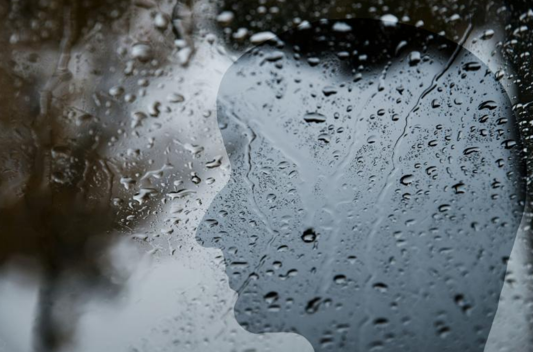 비오는 창문에 사람 옆모습의 그림자가 있다.