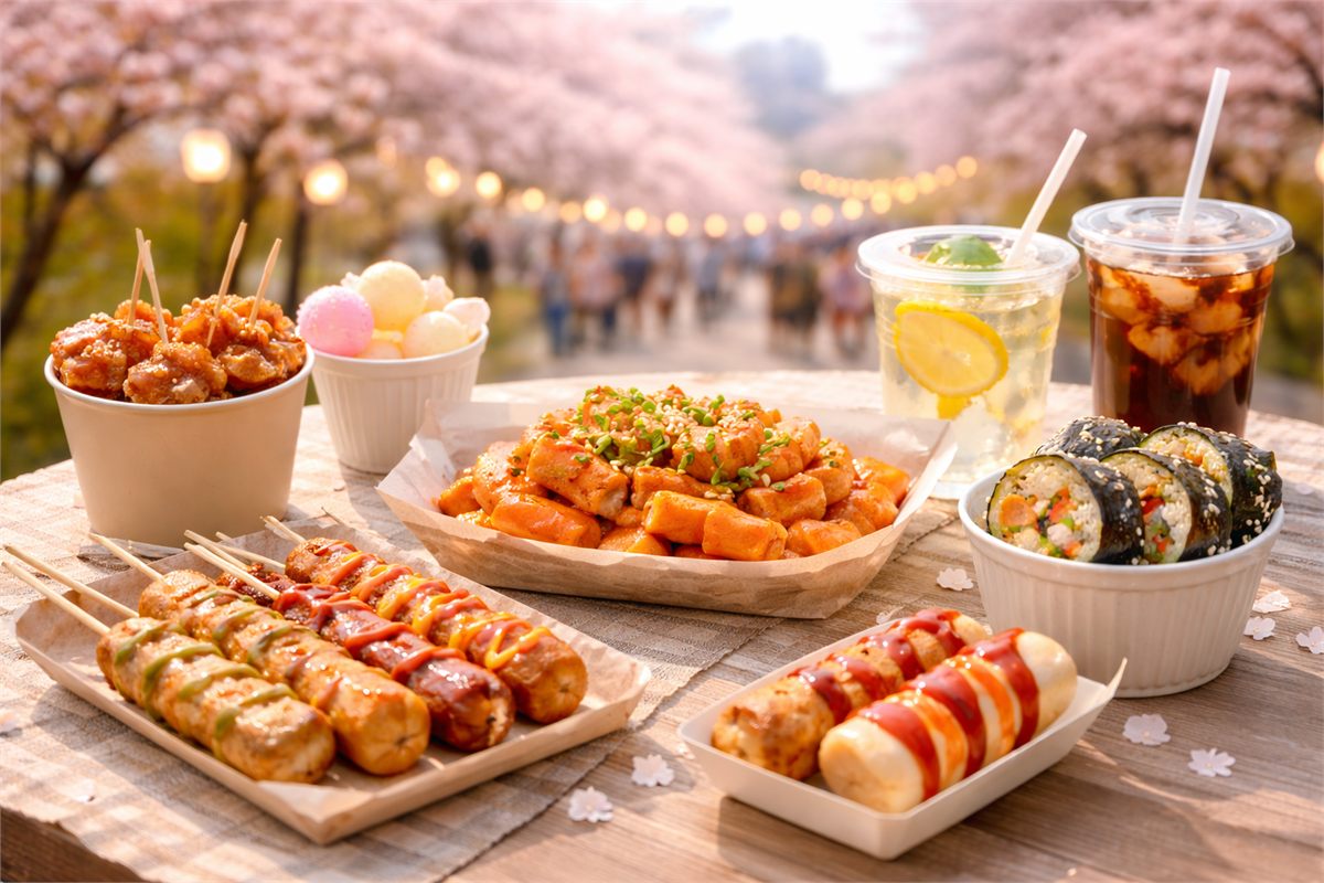 야외 테이블 위에 놓인 간단한 봄 축제 먹거리 장면