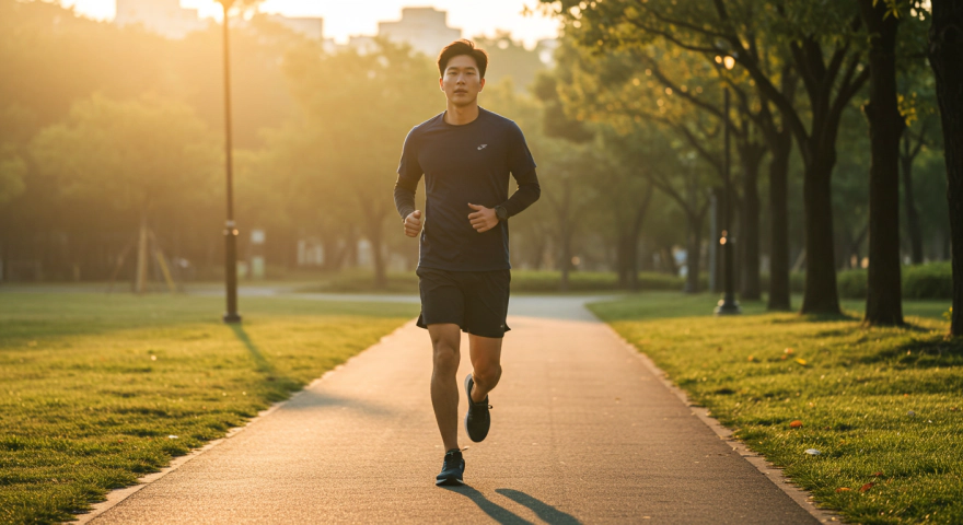 한국인 남성이 아침 공원에서 조깅하는 모습