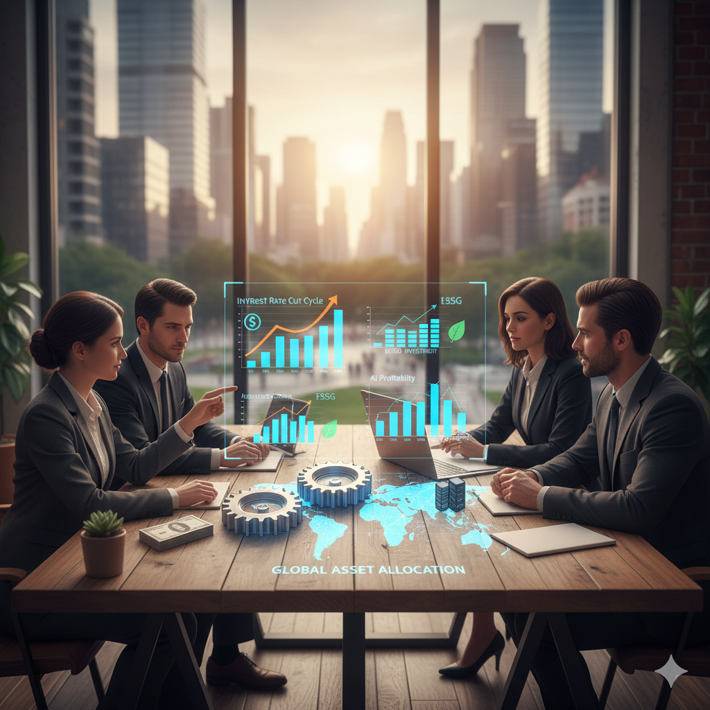 도심 고층 빌딩 전망의 회의실에서 정장을 입은 전문가들이 노트북을 앞에 두고 금리 변화, ESG, AI 수익성, 글로벌 자산 배분 데이터를 시각화한 디지털 그래프를 중심으로 전략 회의를 진행하는 모습.