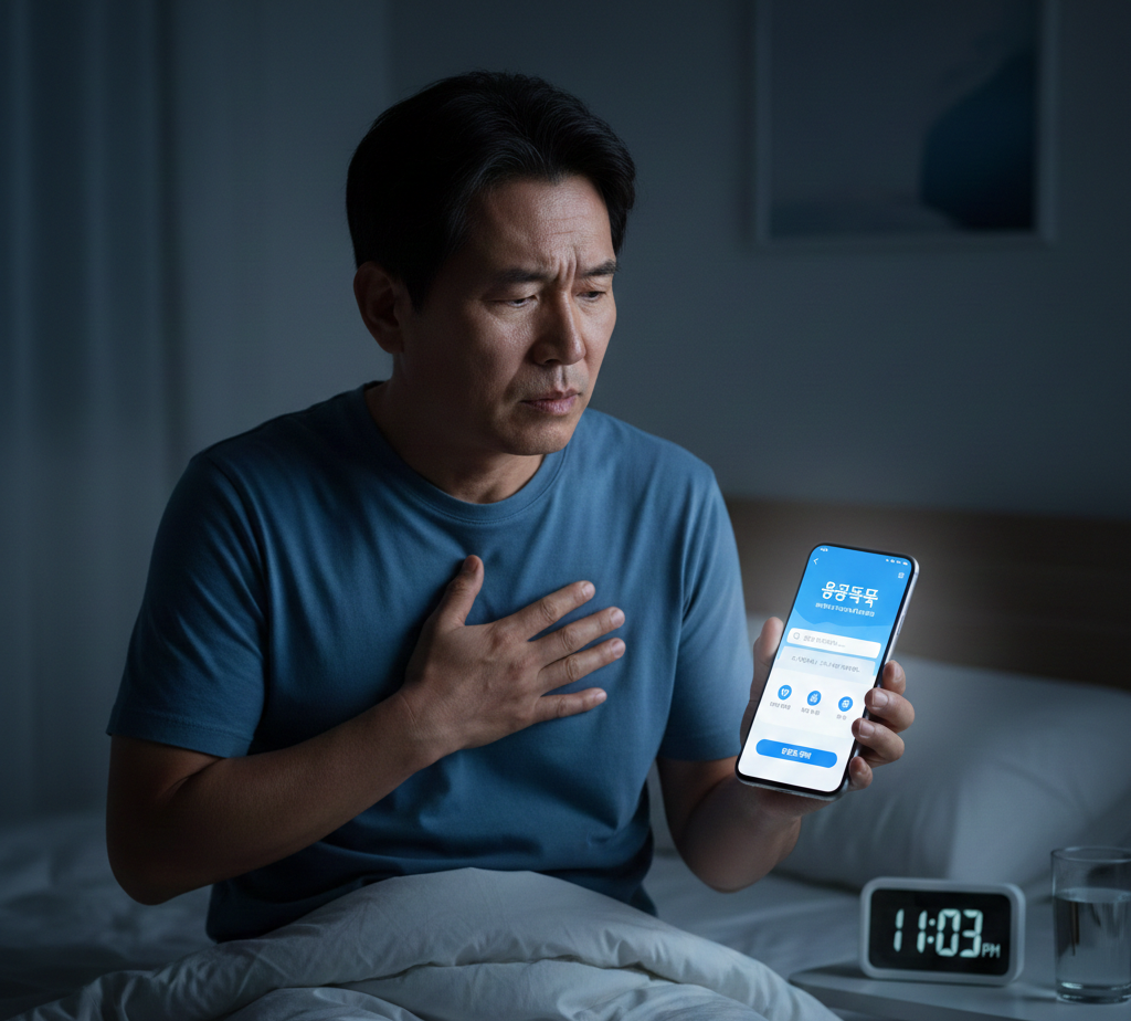 어두운 밤 침실에 앉아 한 손으로 가슴을 짚고 통증을 느끼며, 다른 한 손으로는 보건복지부 응급똑똑 앱이 실행된 스마트폰을 확인하고 있는 중년 남성의 모습. 옆의 디지털시계는 밤 11시 3분을 가리키고 있다.