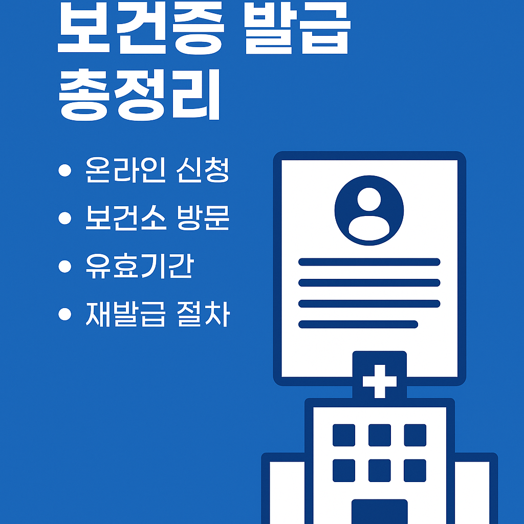 “보건증 발급 총정리 – 온라인 신청, 보건소 방문, 유효기간, 재발급 절차를 한눈에 보여주는 인포그래픽 디자인. 서류 아이콘과 병원 심볼이 포함된 깔끔한 파란색 배경 이미지.”