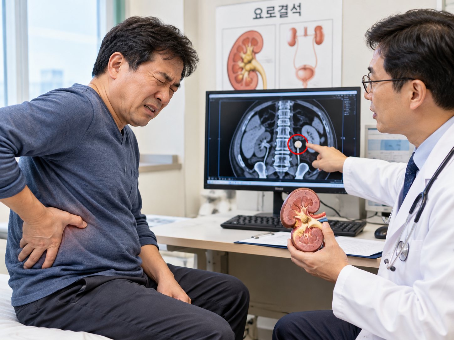 옆구리 통증으로 병원을 찾은 중년 남성과 요로결석을 설명하는 의료진의 모습의 이미지