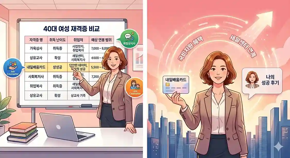 40대 여성 재취업 유망 자격증 5종(사회복지사, 직업상담사, 보육교사, 요양보호사, 전산회계)의 취득 난이도, 주요 취업처, 2026년 예상 연봉 범위를 한눈에 비교하는 인포그래픽
