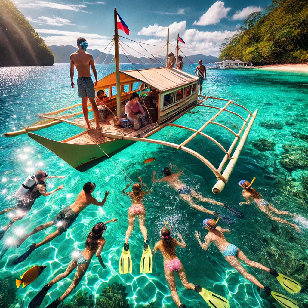 에메랄드빛 바다에서 배를 타고 스노클링을 즐기는 모습