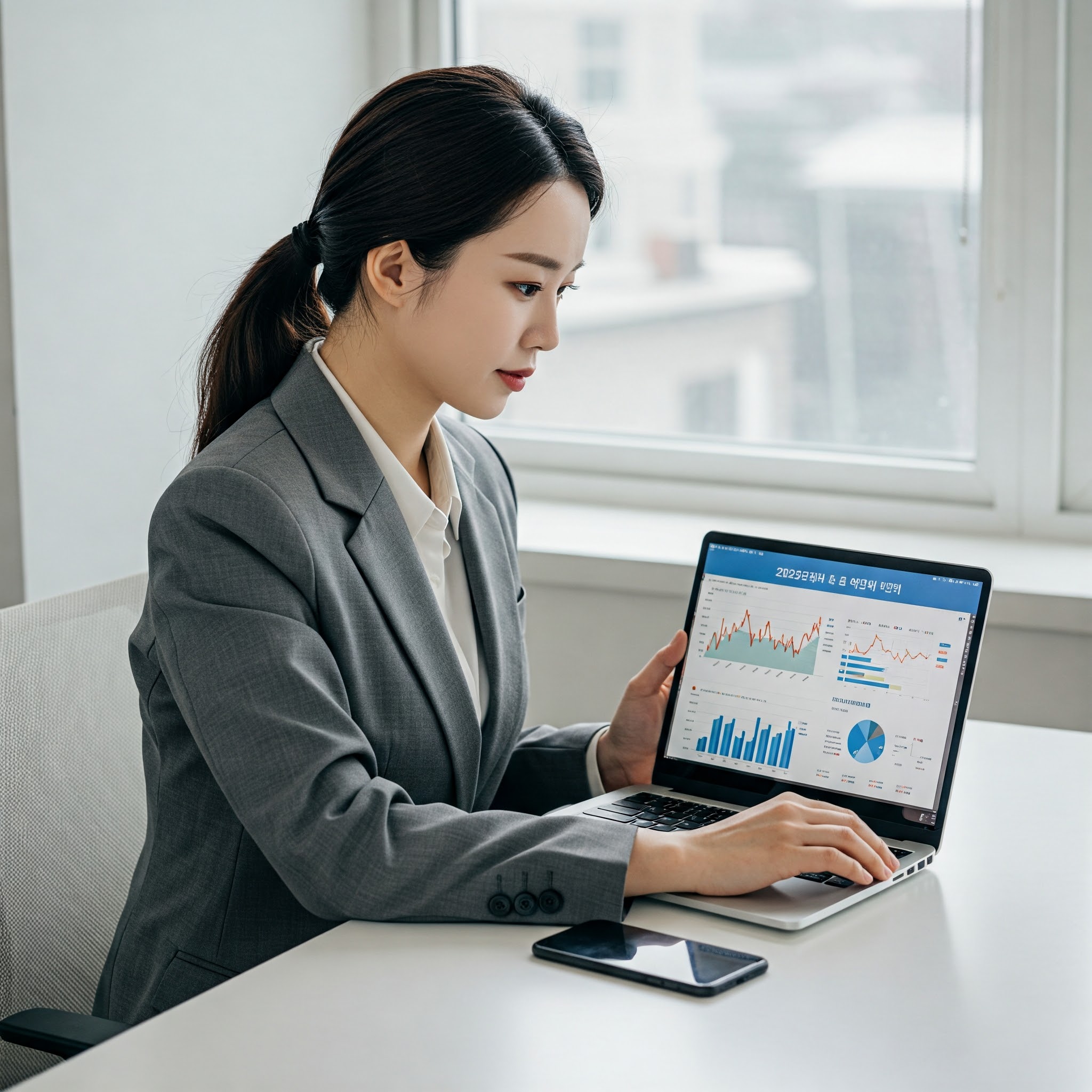 여자가 모니터를 보면서 주식을 분석하고 있는 모습