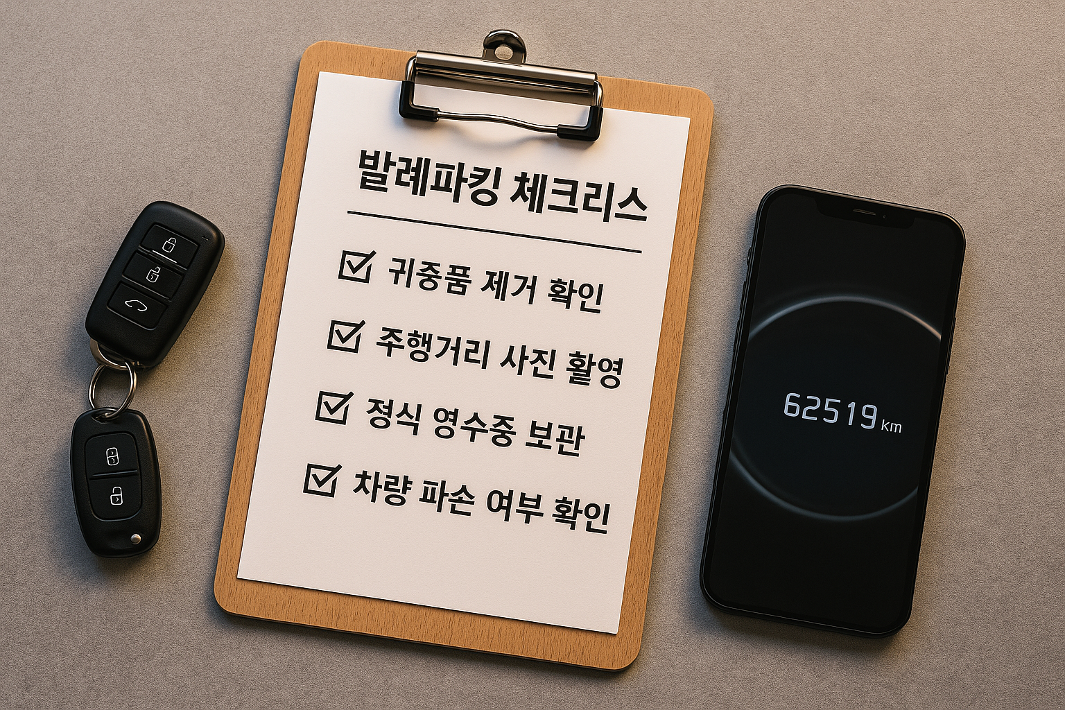 발렛 맡기기 전 차량 외관 네 면과 계기판 주행거리를 촬영하는 체크리스트