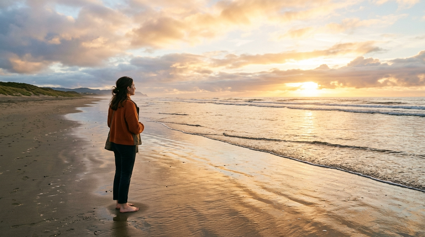 거친 파도가 지나간 후, 평온해진 바닷가에서 떠오르는 태양을 바라보며 새로운 항해를 준비하는 투자자의 뒷모습