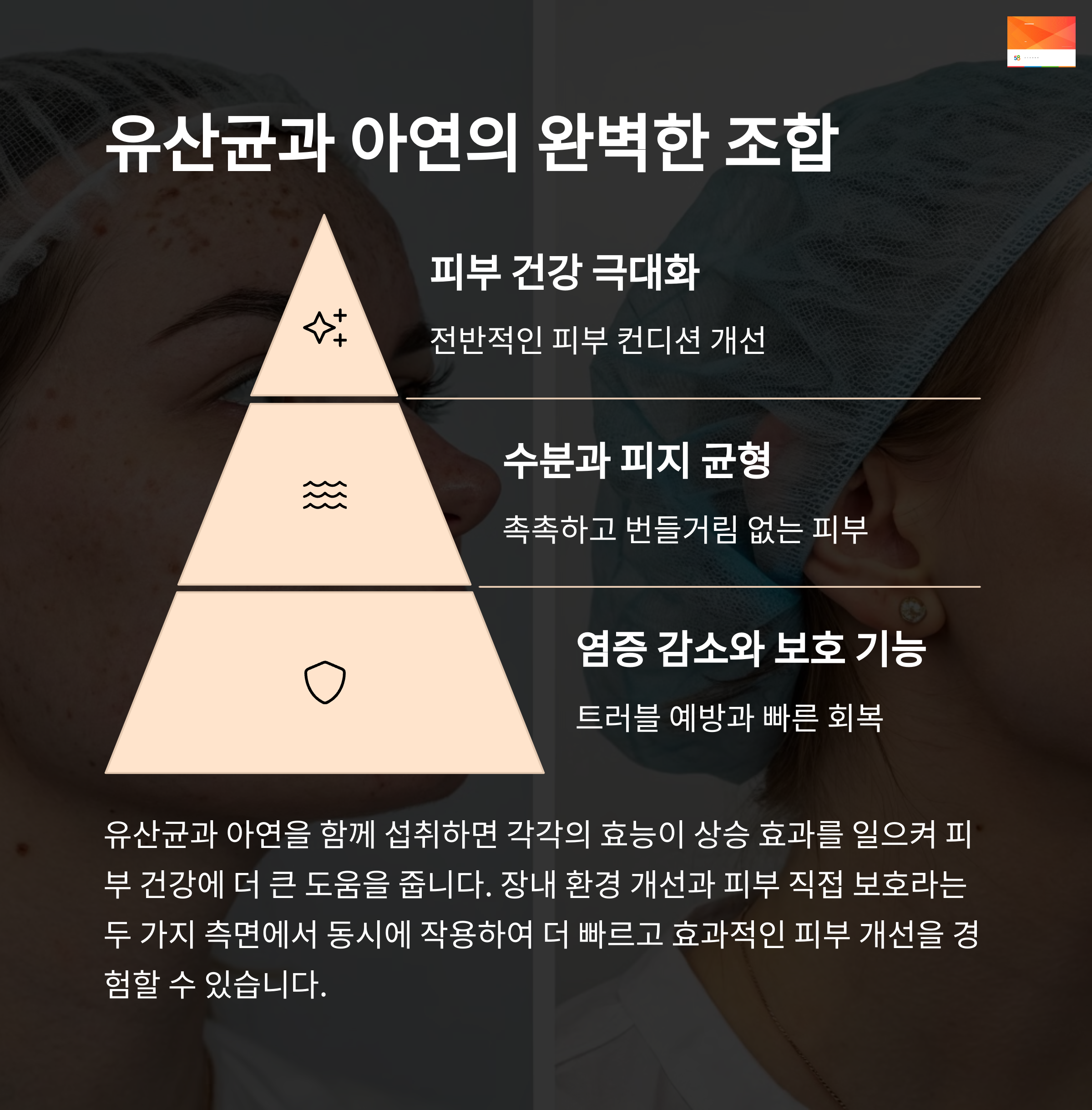 아연이 여드름 등 피부 트러블 진정 및 피부 재생에 도움을 주는 과정을 설명하는 이미지, 아연 풍부 식품 포함