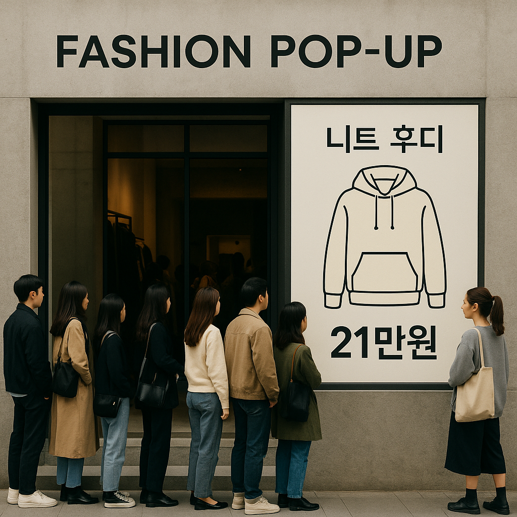 성수동 스타일의 패션 팝업스토어 앞에 줄 서 있는 젊은 사람들과 21만원 니트 후디 가격이 표시된 한국어 인포그래픽