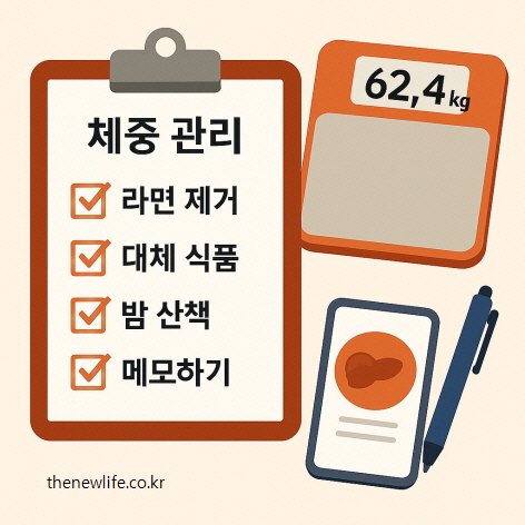 체중 관리 체크리스트 – 라면 제거, 대체 식품, 밤 산책, 메모하기로 라면 중독에서 벗어난 실천 전략