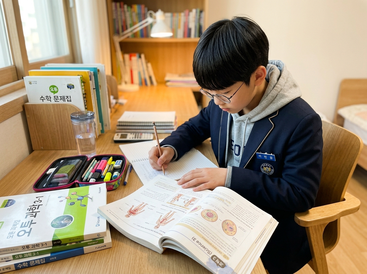 과학 교과서와 참고서를 보며 학습 계획을 세우는 한국 중학생