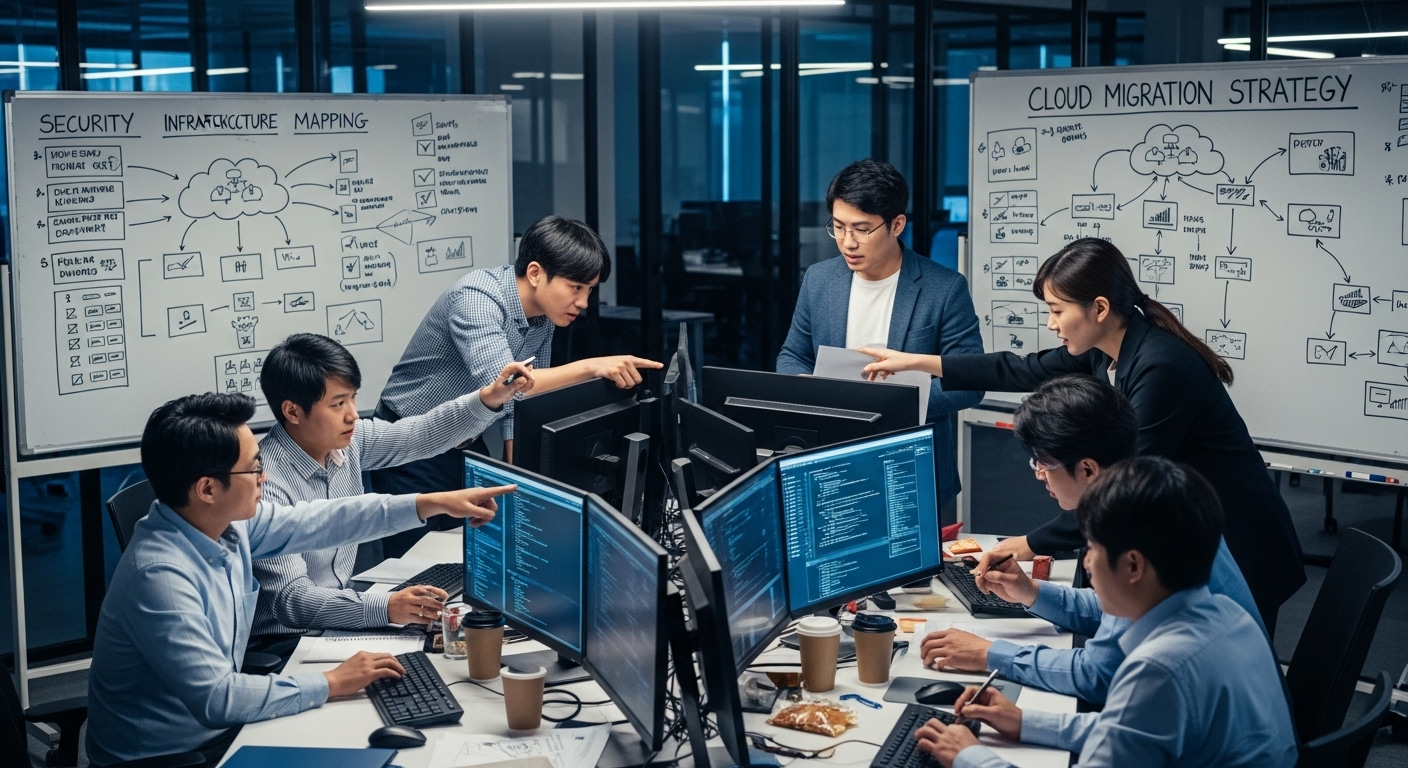 IT professionals working late at night in a modern office environment