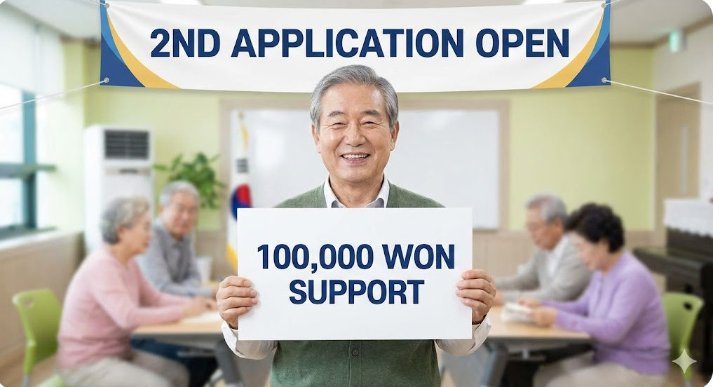 2ND APPLICATION OPEN 문구와 함께 한국인 모델이 '100,000 WON SUPPORT' 문구가 적힌 카드를 들고 있는 모습.