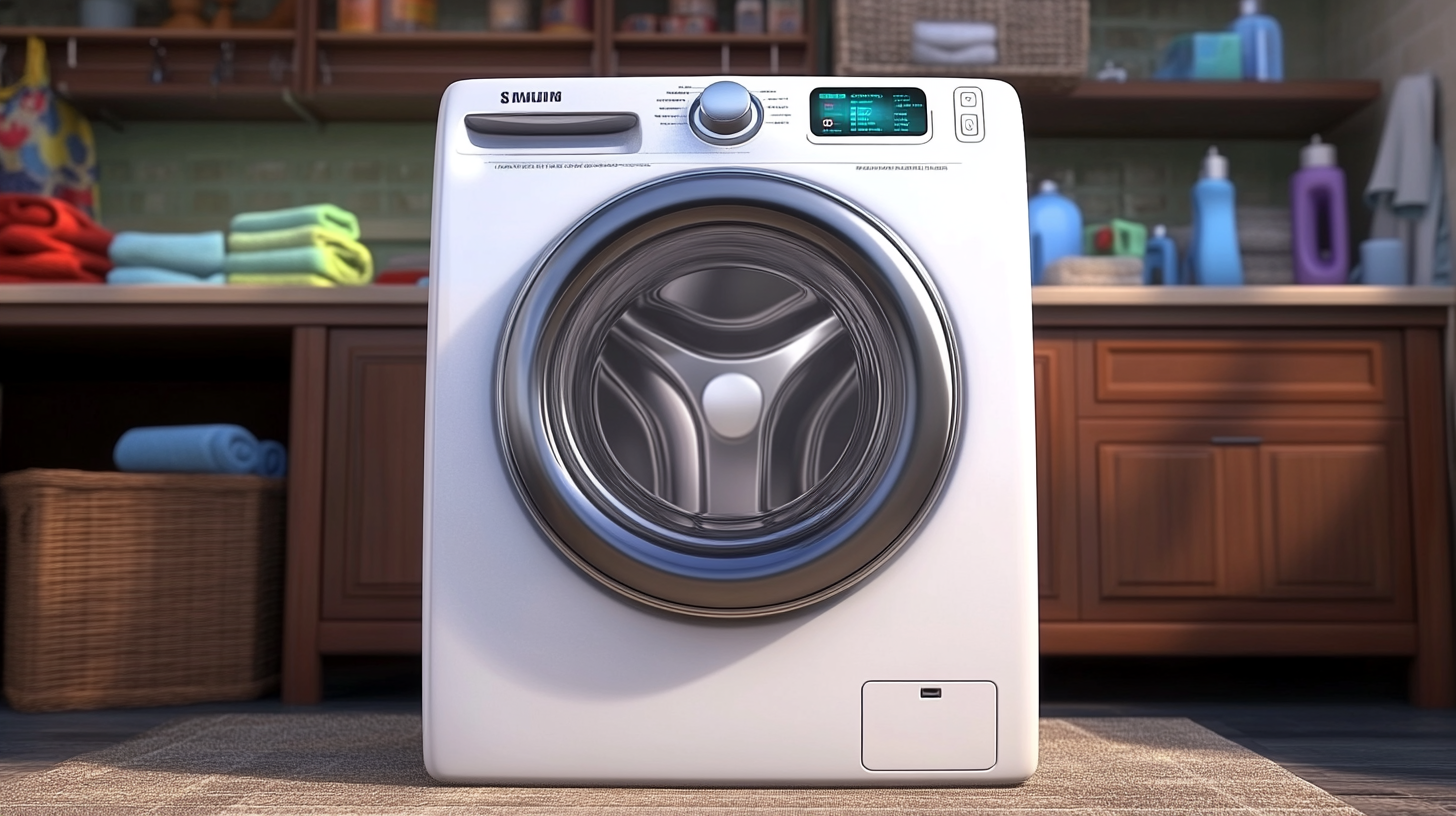 최신 기술이 적용된 삼성 WF2422HDEEH 세탁기가 현대적인 세탁실에 우아하게 배치되어 있으며, 세련된 디자인과 직관적인 인터페이스를 보여줍니다.