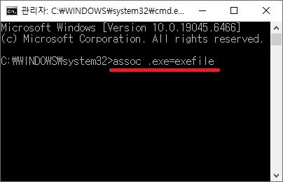 관리자 권한 명령 프롬프트 창에서 assoc .exe=exefile 복구 명령어를 입력한 화면