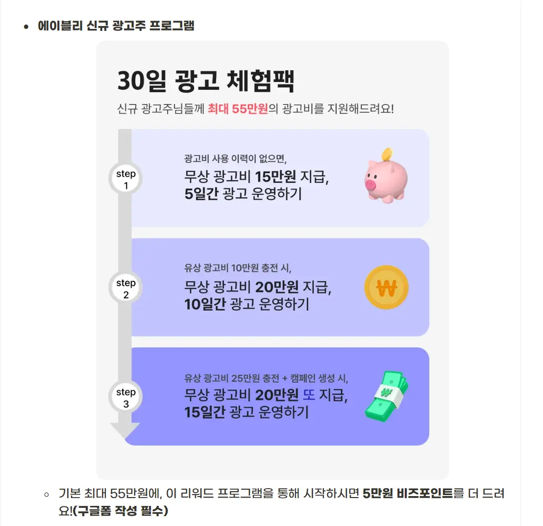 에이블리 신규 광고주 최대 55만원 무료 광고비 리워드 체험 프로그램 안내 이미지