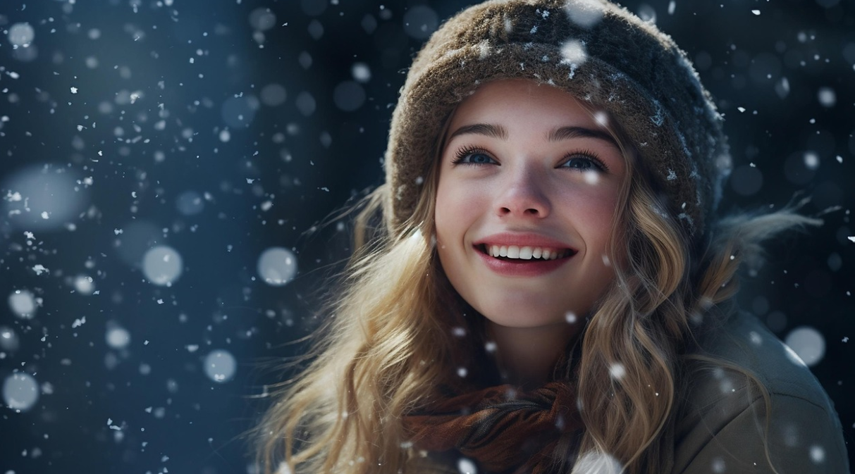 눈 내리는 모습을 보는 여자