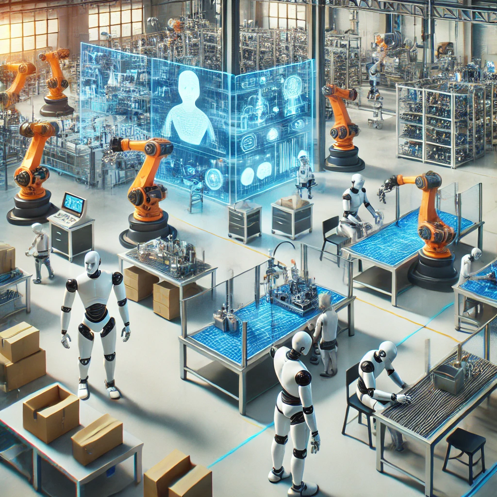 로봇들이 조립, 포장, 품질 검사와 같은 작업을 수행하고 있으며, 자율 이동 로봇이 물품을 운반하고 있는 이미지