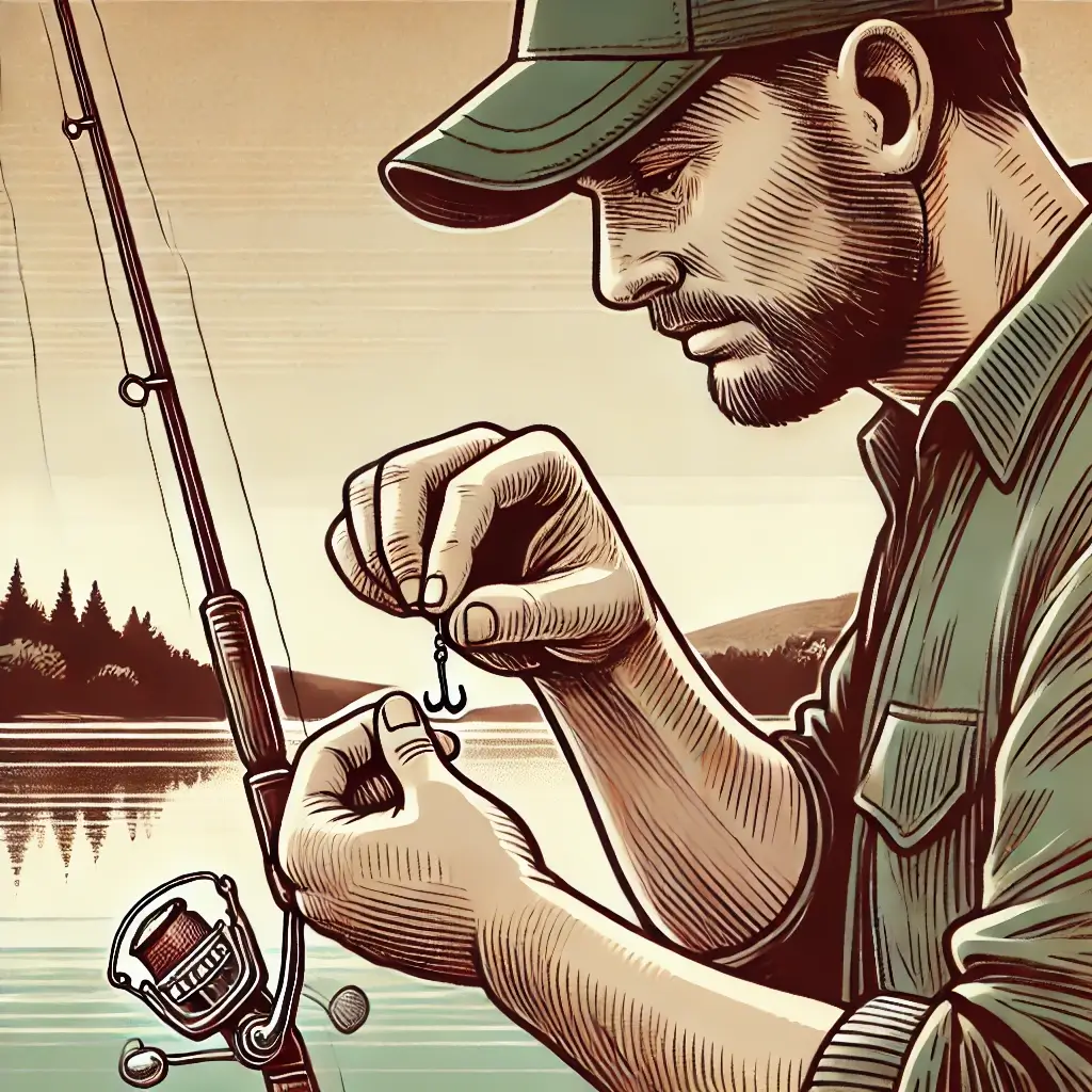 미끼를 낚싯대에 끼우는 남자가 낚시를 준비하는 모습.