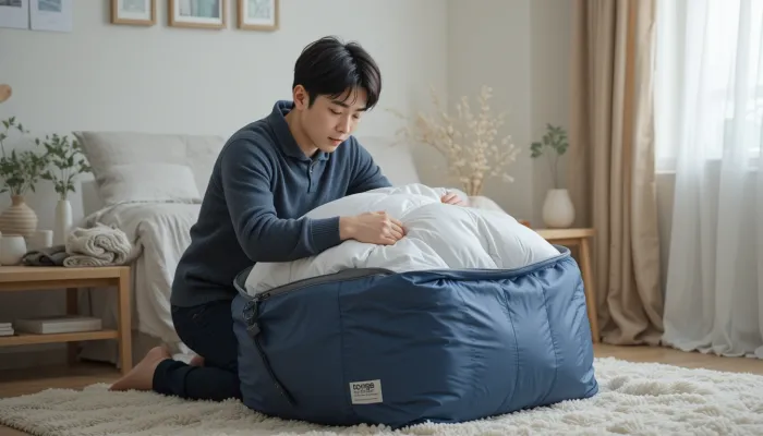구스 이불 관리를 위해 보관용 가방에 넣는 한국인 남성