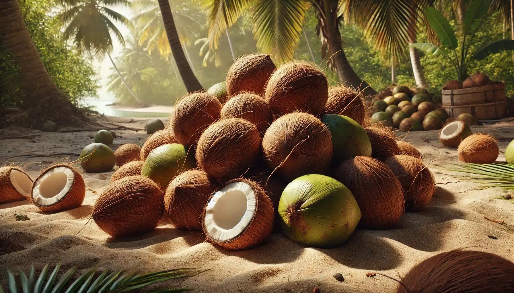 열대지방을 배경으로 땅바닥에 쌓인 코코넛 열매의 AI 이미지 입니다.
