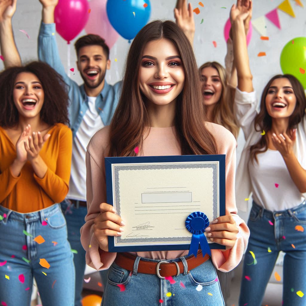 자격증 취득하고 기뻐하는 여성 모습