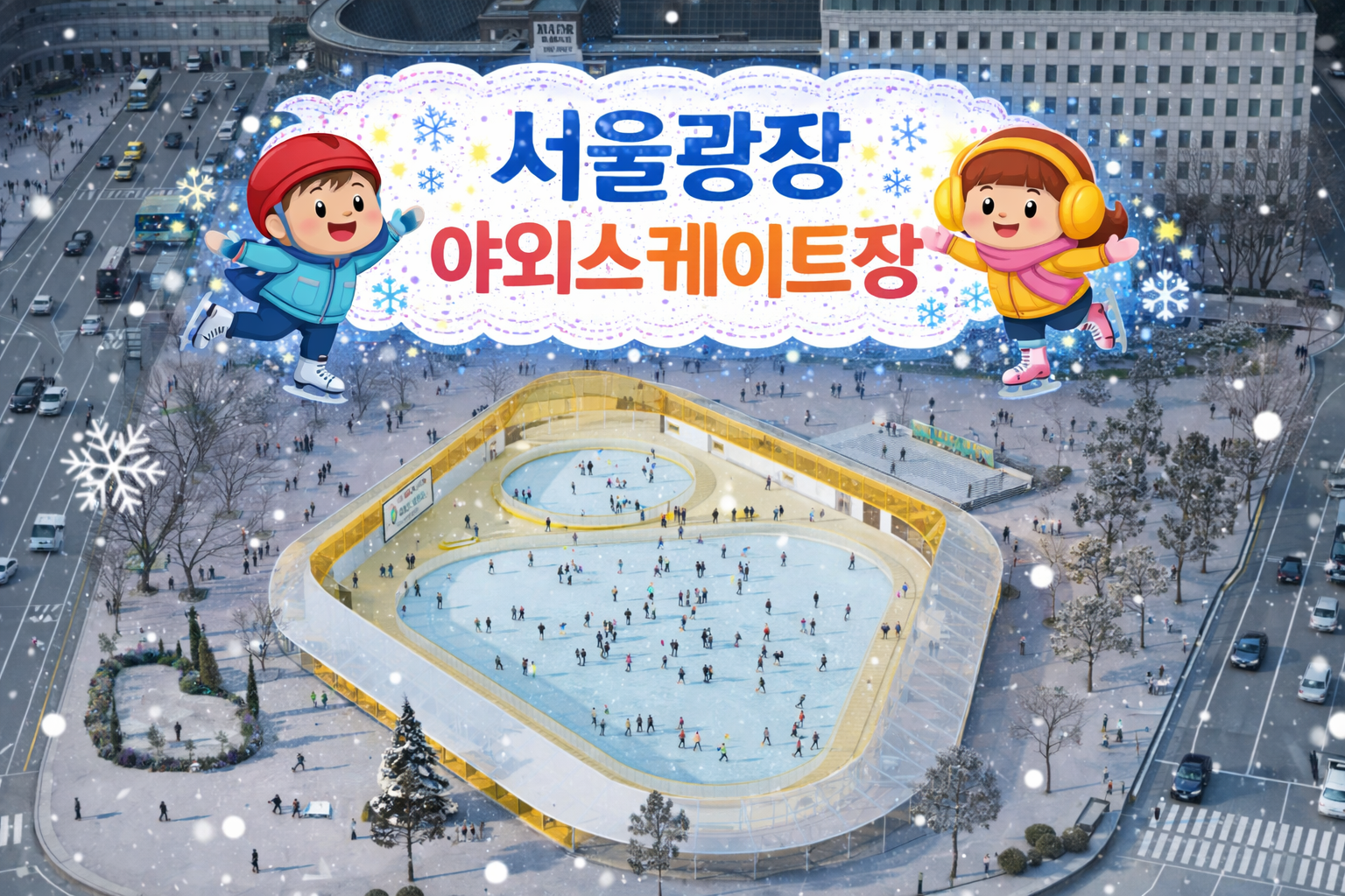 서울광장 야외스케이트장 조망, 광장주변 혼잡한 차량들