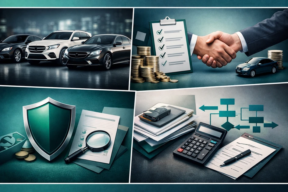 프리미엄 수입 중고차 쇼룸의 차량과 계약을 상징하는 악수, 체크리스트와 동전, 서류 점검을 뜻하는 돋보기와 방패, 계산기와 의사결정 흐름도가 함께 배치된 4분할 인포그래픽